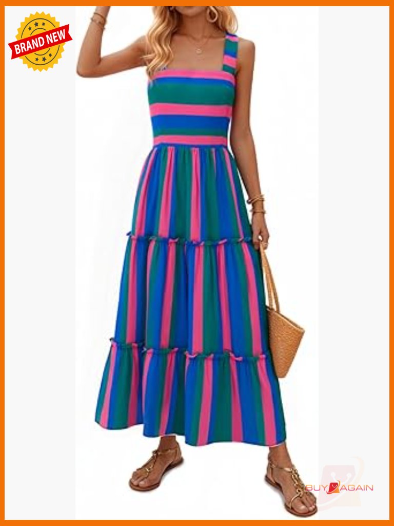 Maxi Dress, Striped Smocked A-Line Boho Sundress, Flowy Summer Dress